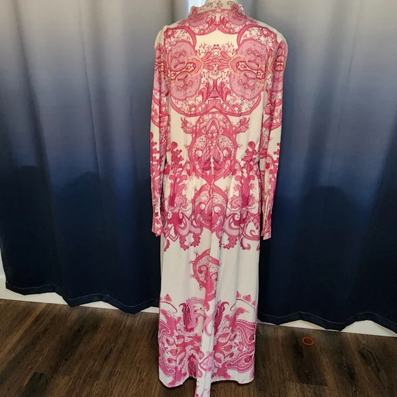 NWOT Ador hot pink and cream paisley button up long sleeved dress - Picture 2 of 6